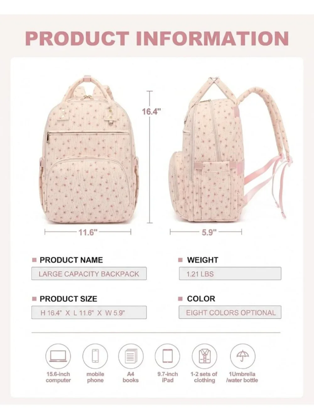 Floral Pink Laptop Backpack for Women, Lightweight School Bag with Compartment